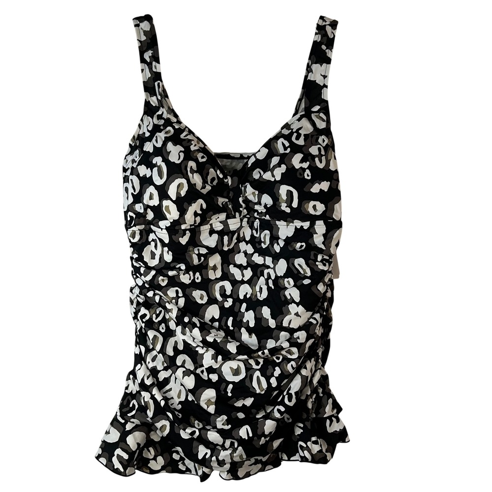 Upstream Womens 18W Cheetah Print Tankini Swim Top Black White‎ Ruffle 71818XK